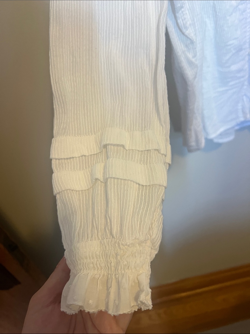 Quince Cream Textured Button-Front Blouse with Ruffle Neck - Picture 3 of 5
